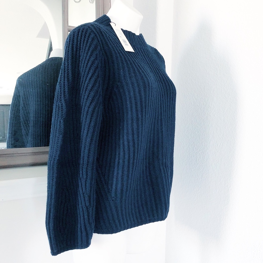 Rebecca Taylor Ribbed Navy Sweater Mock Neck Wool Blend Size L NWT $295 - Picture 2 of 9